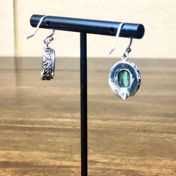 ABALONE Cabochon Sterling Silver Drop Earrings With Scrollwork Around The Bezel - Picture 5 of 10
